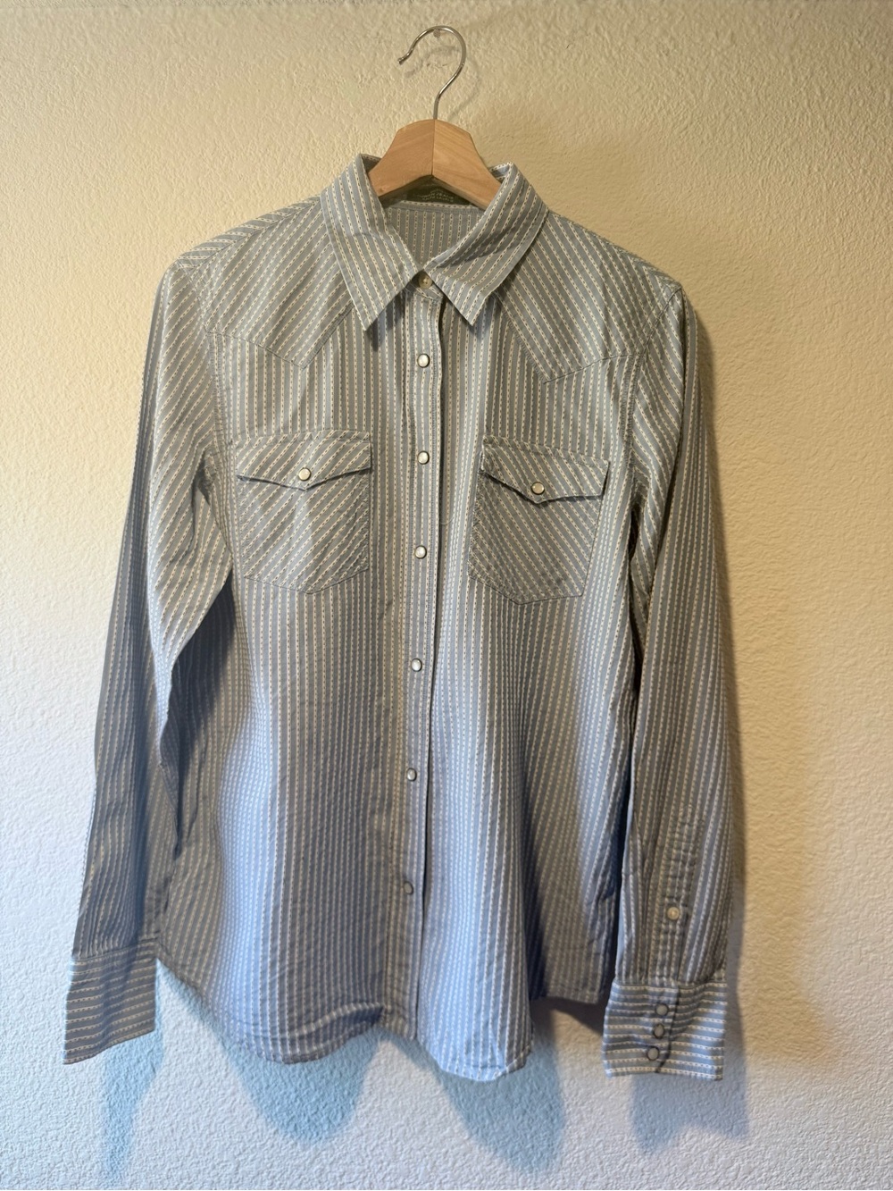 RALPH LAUREN Light Blue and White Striped Western Shirt w/ Pearled Snap Buttons